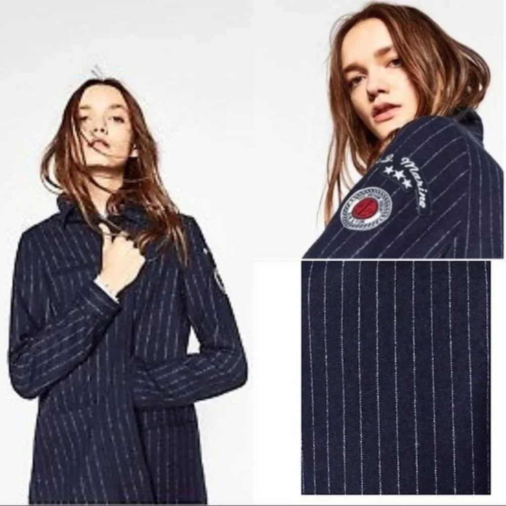 Zara Woman Long Wool Coat Navy Striped Buttons XS